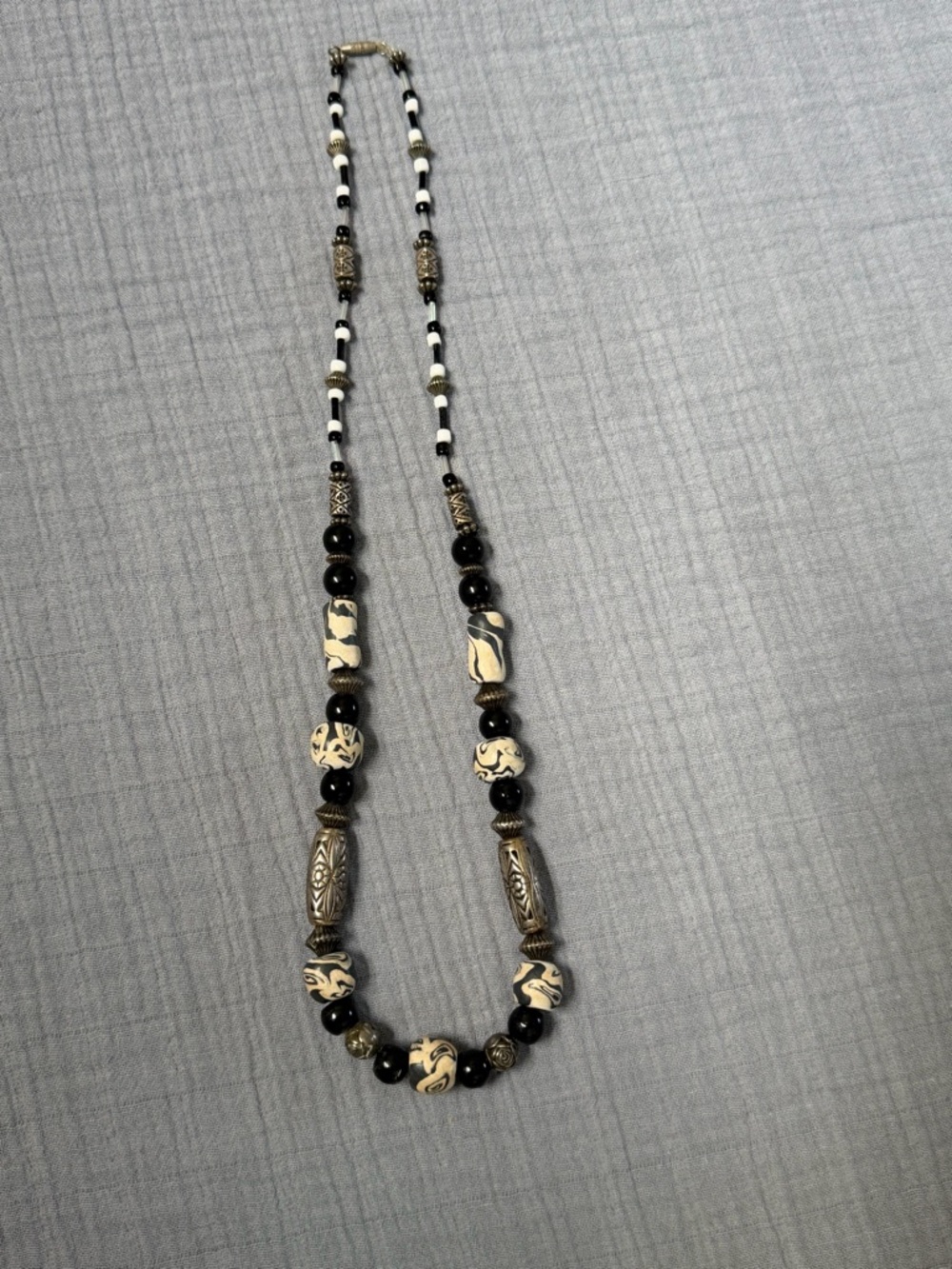 Handcrafted Black, Cream and Silver Beaded Necklace EUC